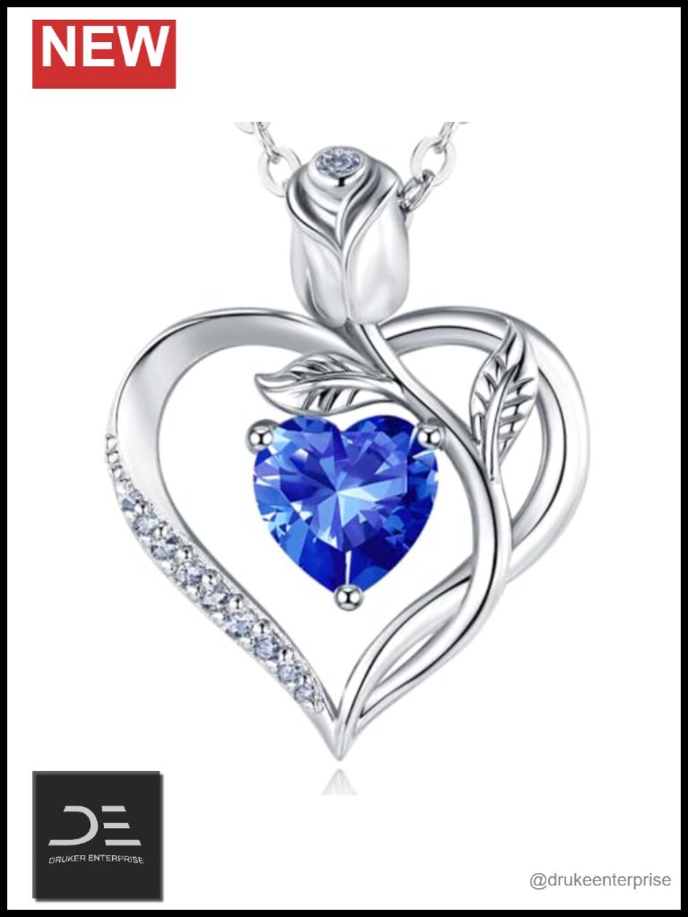JACUPO Women's Heart Birthstone Silver Necklace 18K White Gold Plated Pendant